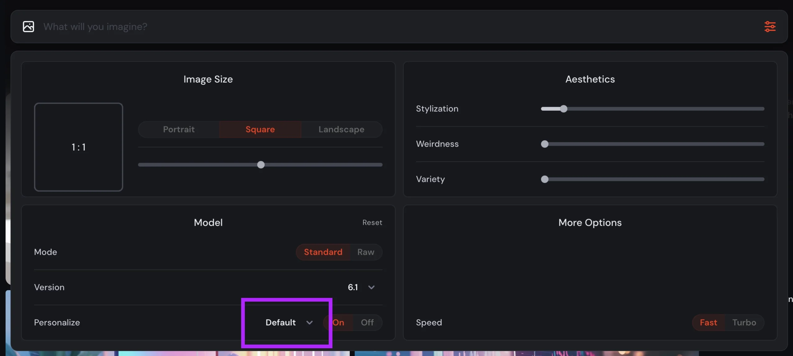 Filter button in Midjourney's Website Imagine bar